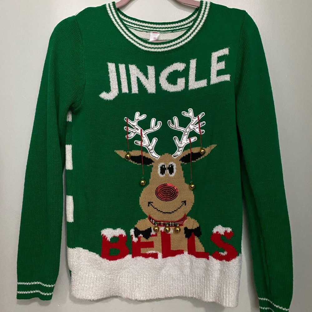 Green Rudolf Jingle sweater.